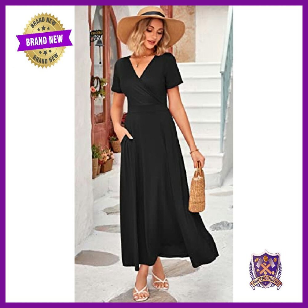 Women's Summer Maxi Dress Wrap V Neck Short Sleeves with Pockets - Picture 5 of 6